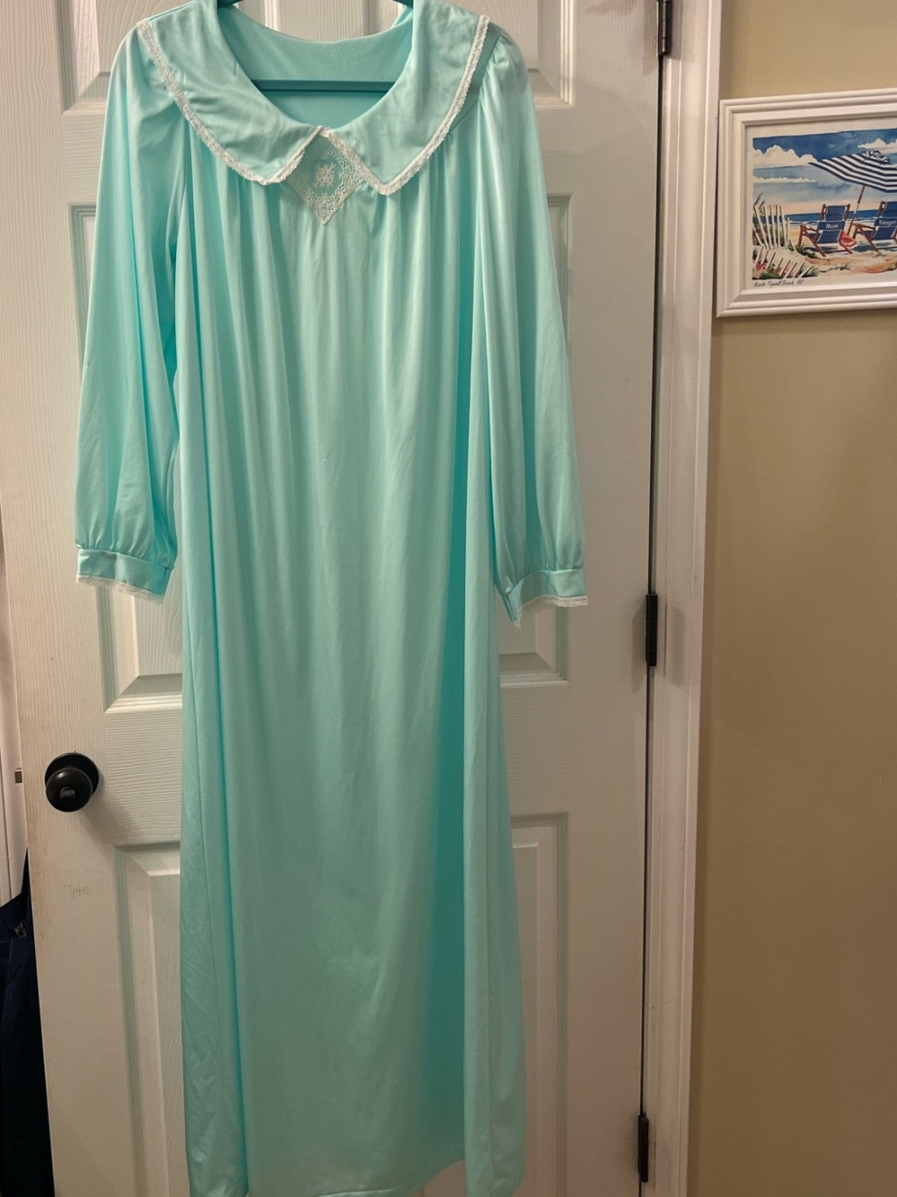 VTG 70s Shadowline Mint Aqua Nylon Tricot Maxi Nightgown Lace Collar L
